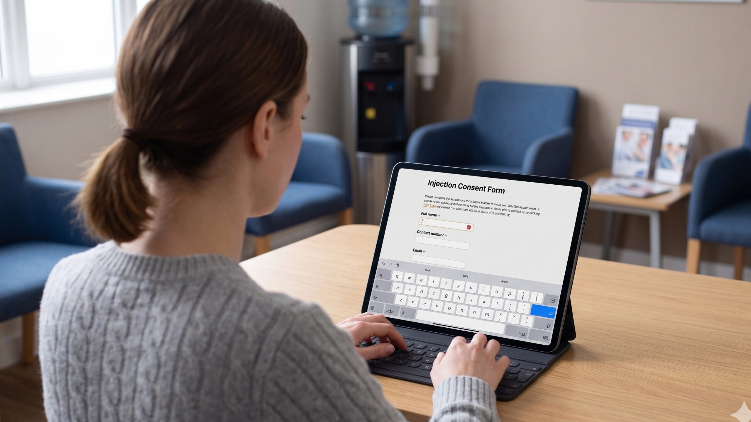 Patient completing registration with physiotherapist