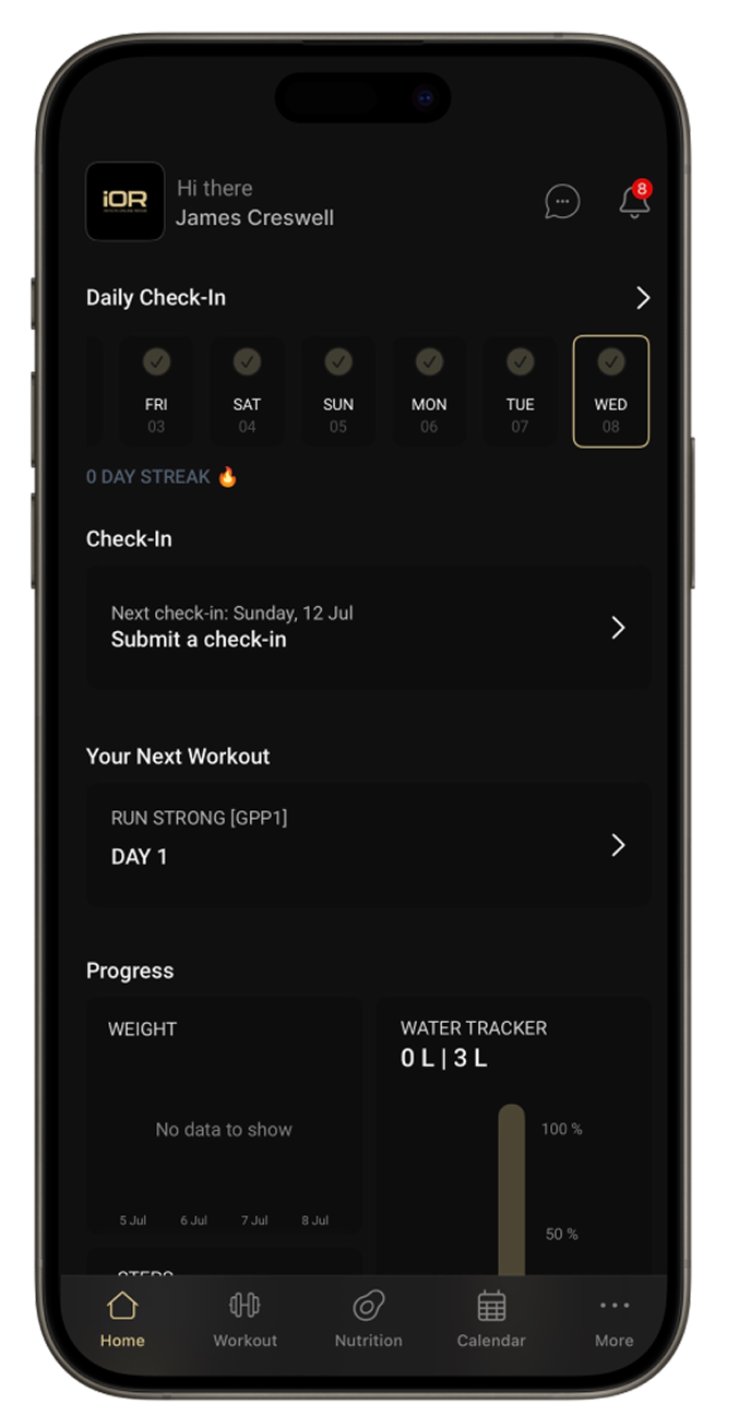 Invicta Online Rehab app home screen showing daily check-in, next workout and progress tracking